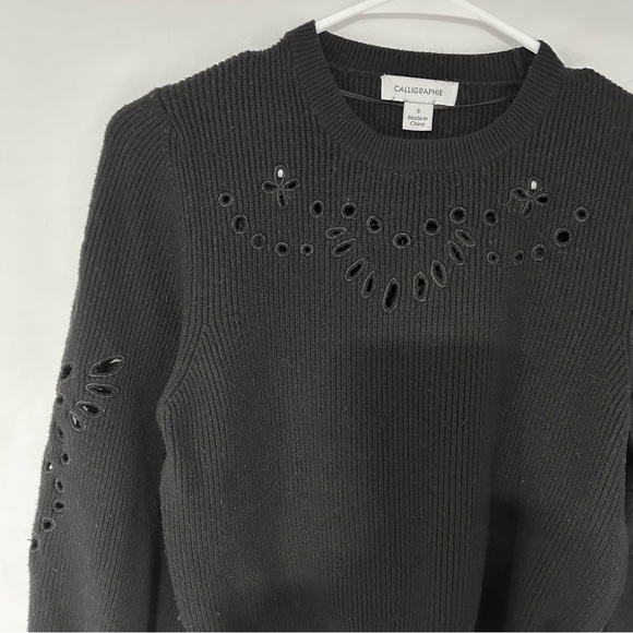 Calligraphie Sweaters - Black Ribbed Knit Sweater with Eyelet Lace Details by Calligraphie
